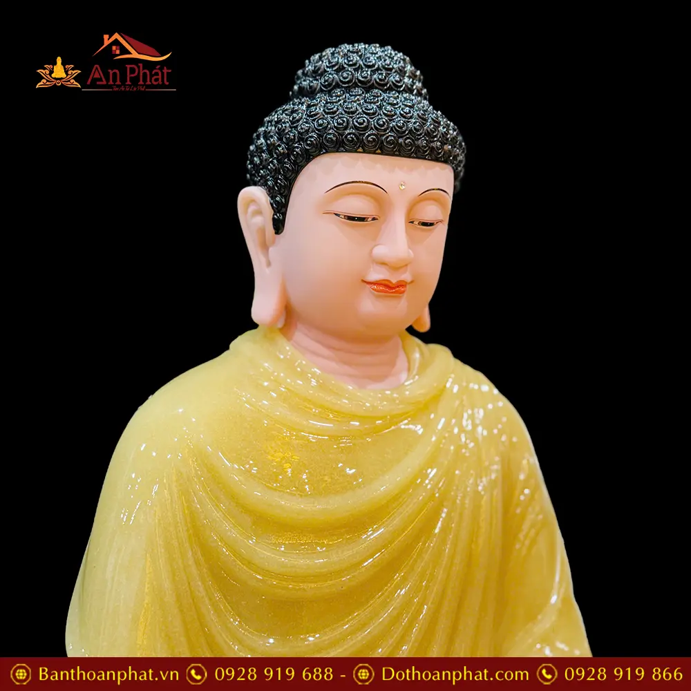 Tượng Phật Bổn Sư Thích Ca Bột Đá Thạch Anh Viền Vàng Ngồi Đài Sen T2632 12 Tượng Phật Bổn Sư Thích Ca Bột Đá Thạch Anh Viền Vàng Ngồi Đài Sen T2632