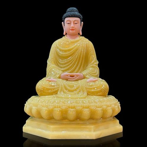 Tượng Phật Bổn Sư Thích Ca Bột Đá Thạch Anh Viền Vàng Ngồi Đài Sen T2632
