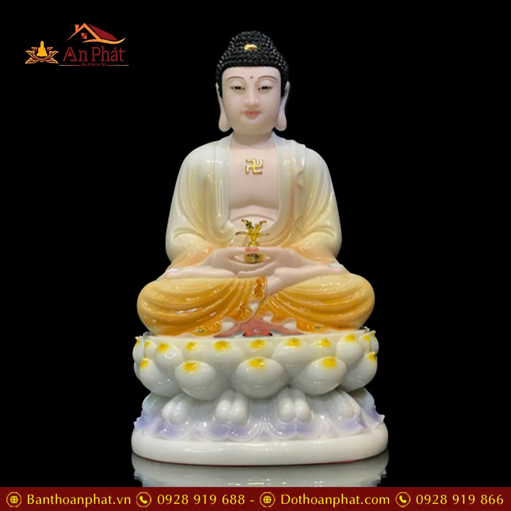 Tượng Phật Dược Sư Bột Đá Cao Cấp Sơn Vàng Ngồi Đài Sen T2689