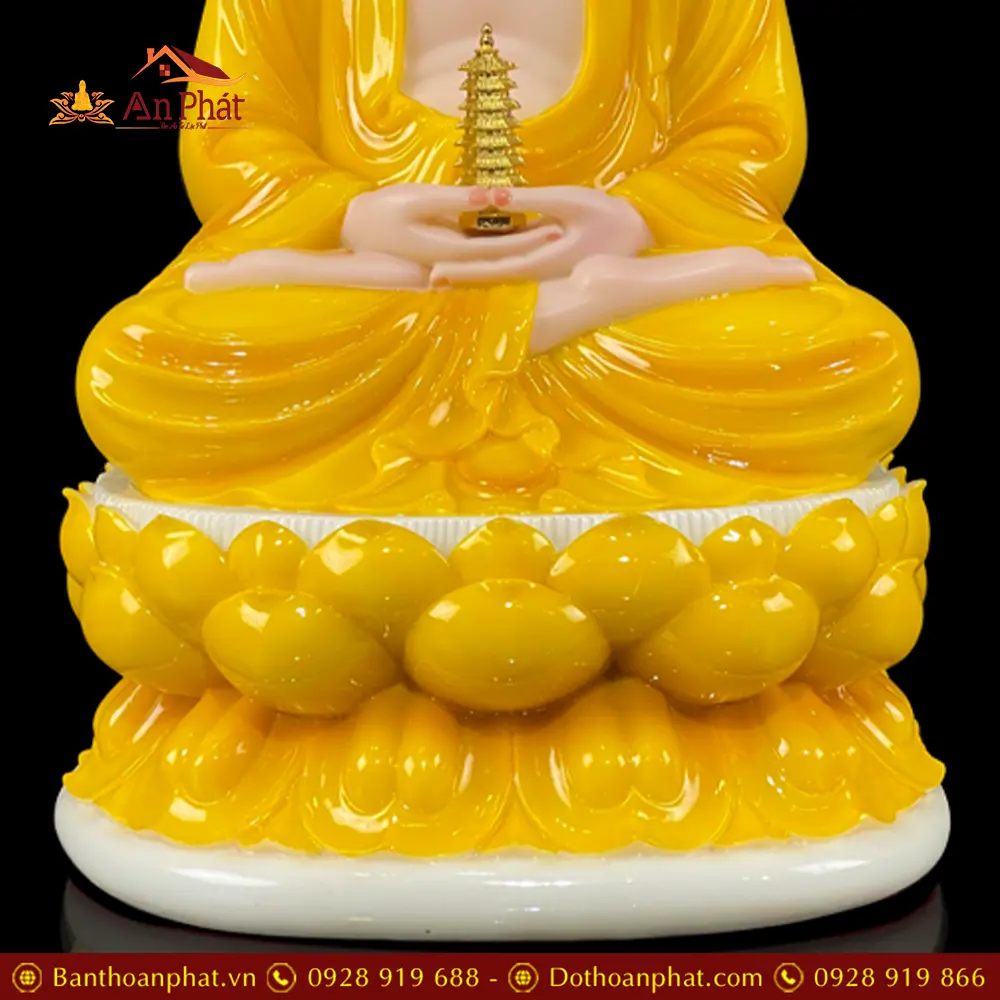 Tượng Phật Dược Sư Bột Đá Hổ Phách Vàng Ngồi Đài Sen Cao Cấp T2697