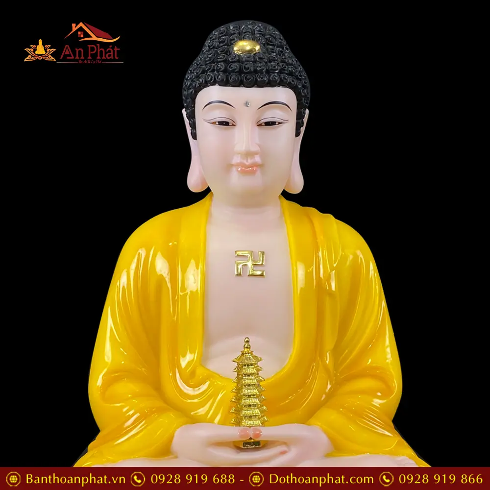 Tượng Phật Dược Sư Bột Đá Hổ Phách Vàng Ngồi Đài Sen Cao Cấp T2697