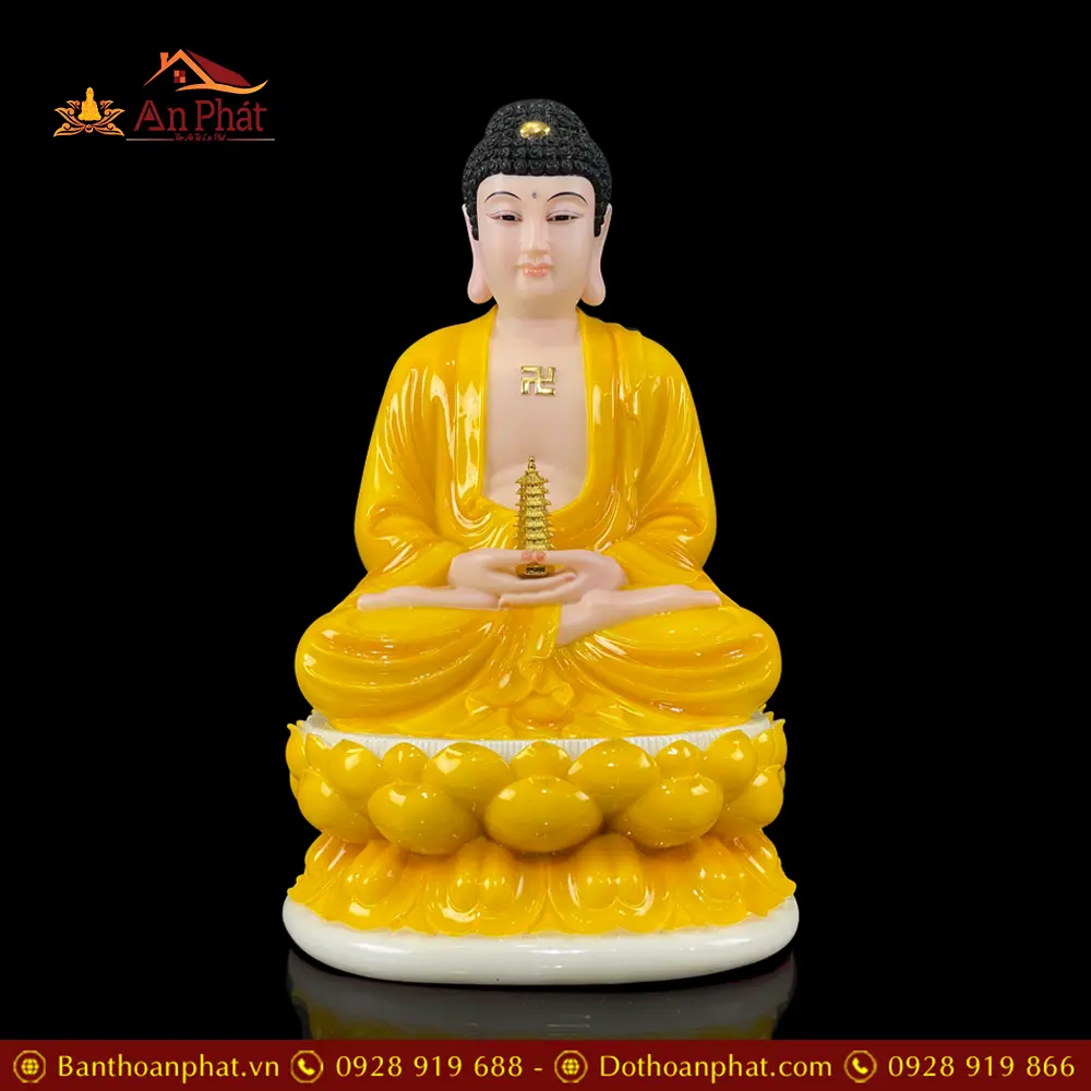 Tượng Phật Dược Sư Bột Đá Hổ Phách Vàng Ngồi Đài Sen Cao Cấp T2697