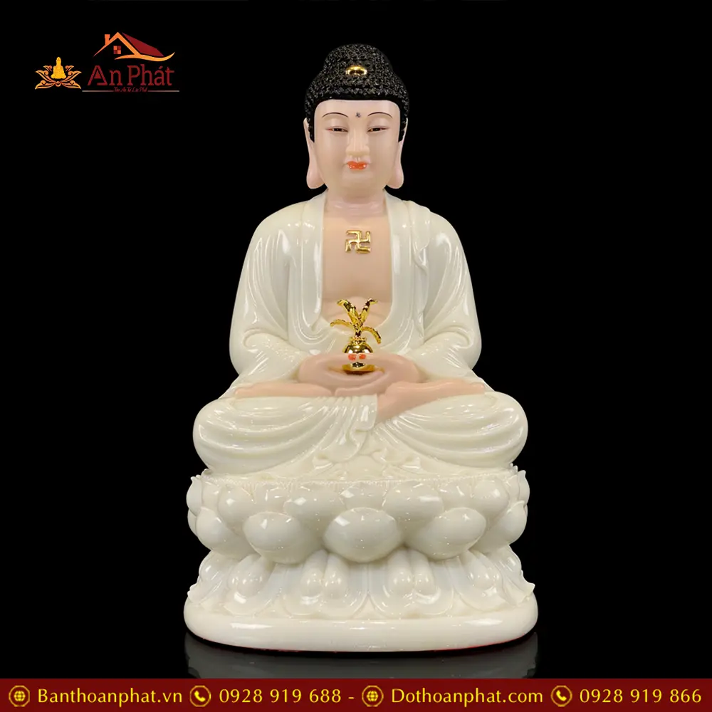 Tượng Phật Dược Sư Bột Đá Trằng Ngồi Đài Sen Nhập Khẩu T2699