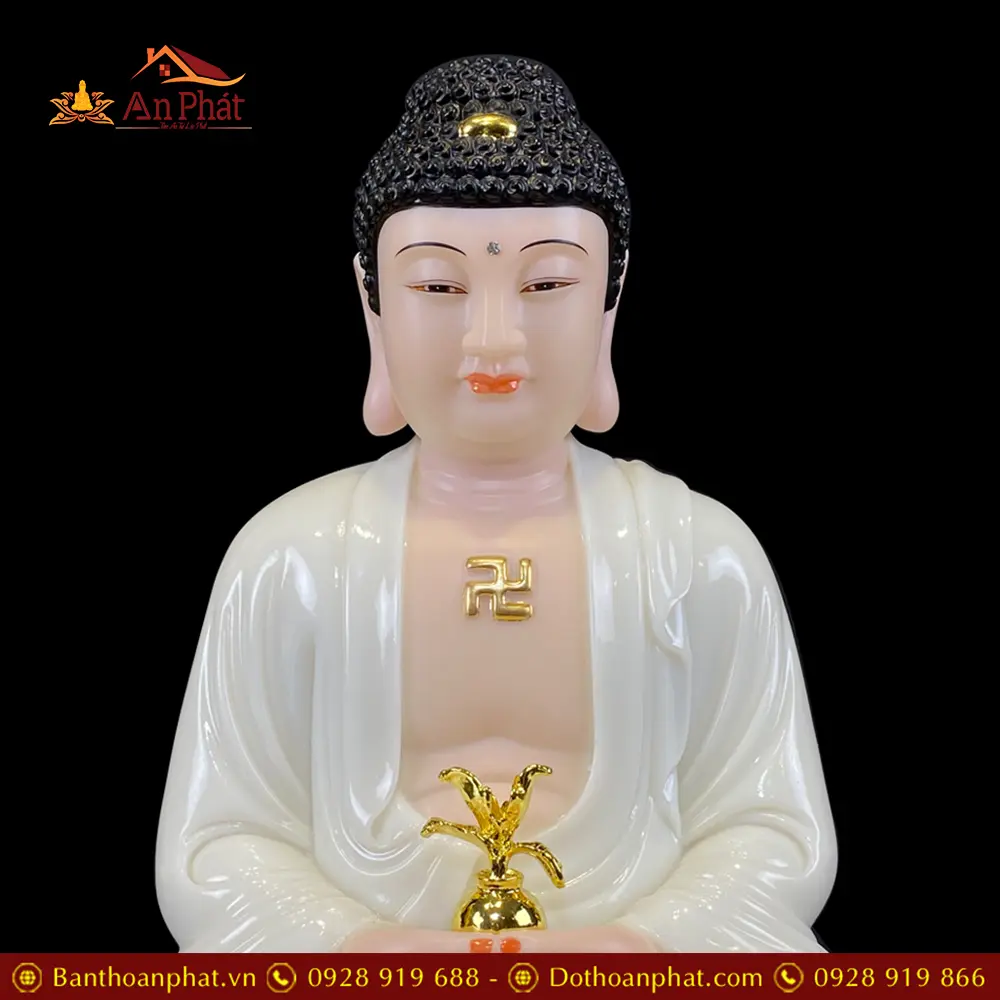 Tượng Phật Dược Sư Bột Đá Trằng Ngồi Đài Sen Nhập Khẩu T2699