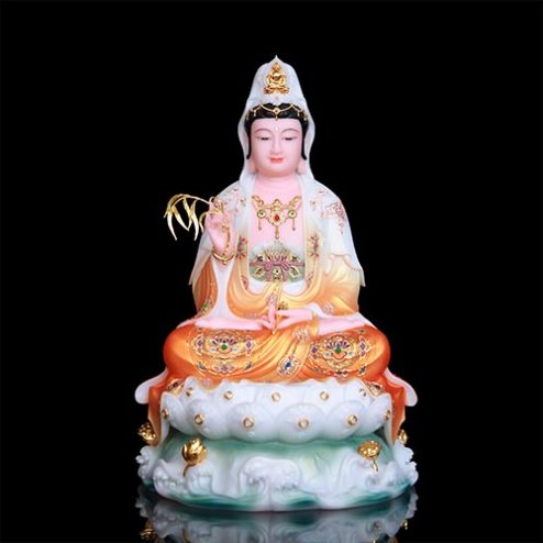 Tượng Quan Âm Bồ Tát Bột Đá Cao Cấp Áo Cam Ngồi Đế Non Nước T2547