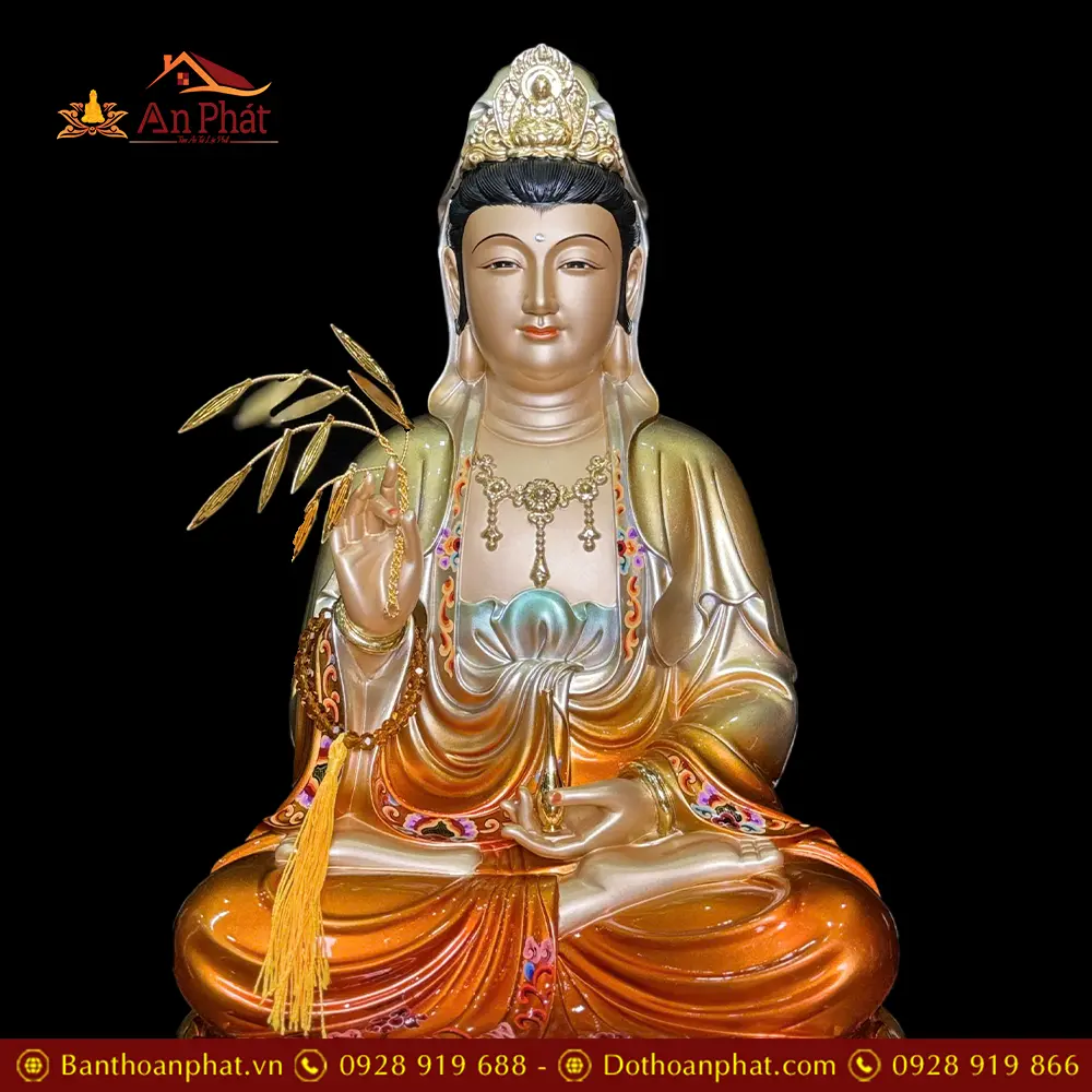 Tượng Quan Âm Bồ Tát Bột Đá Sơn Màu Cam Dáng Ngồi Đài Sen 3 Tầng T2601 22 tuong quan am bo tat bot da son mau cam dang ngoi dai sen 3 tang t260100006