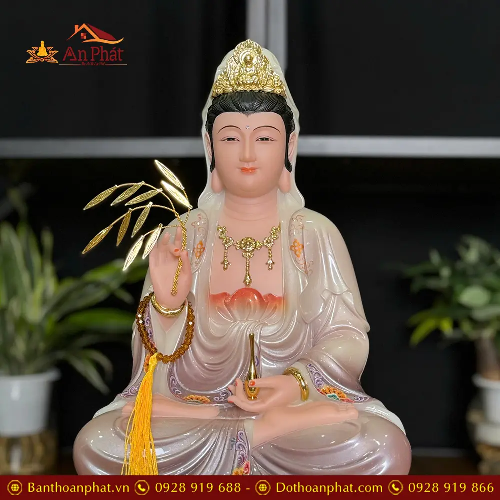 Tượng Quan Âm Bồ Tát Bột Đá Sơn Màu Tím Dáng Ngồi Đài Sen 3 Tầng T2602 24 tuong quan am bo tat bot da son mau tim dang ngoi dai sen 3 tang t260200006