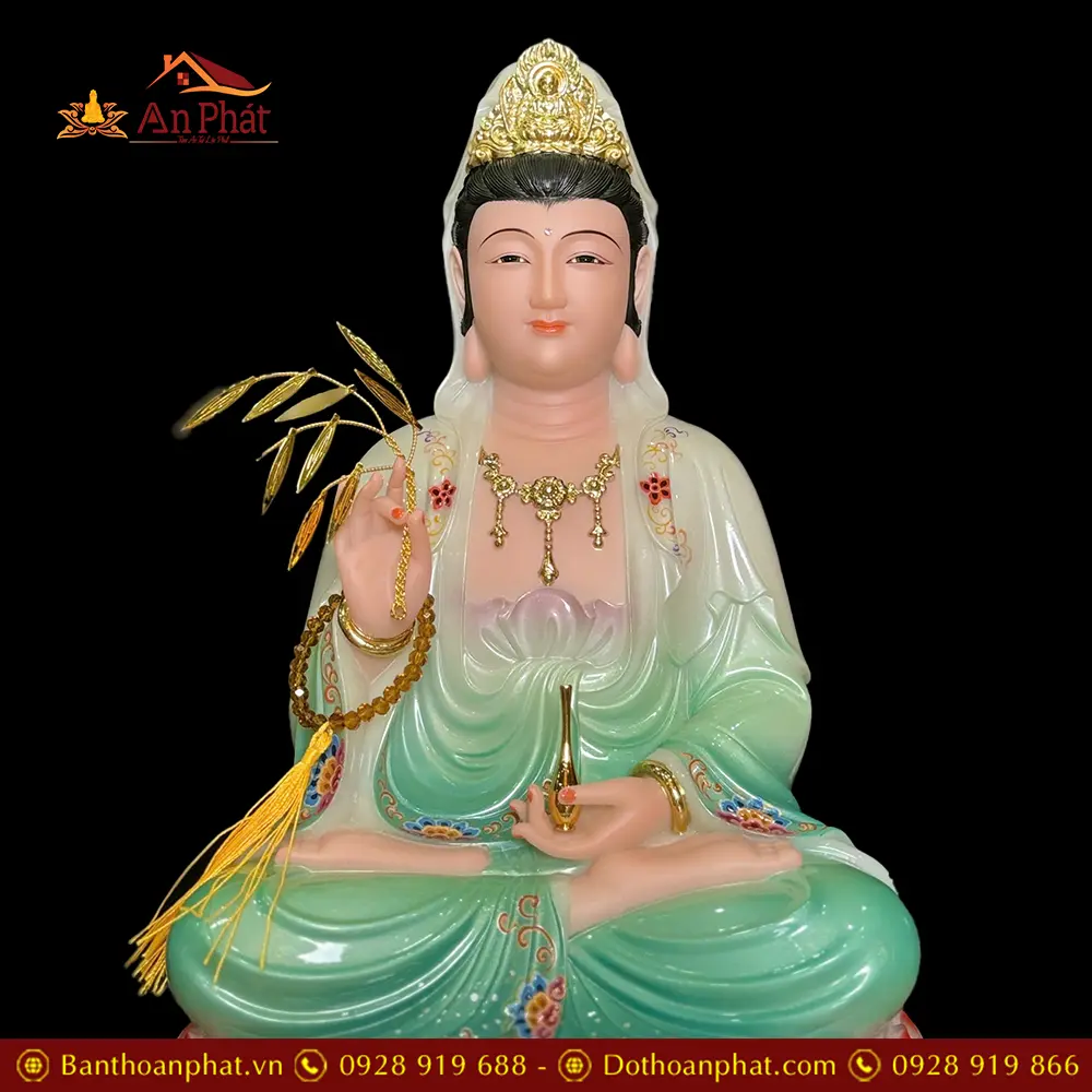 Tượng Quan Âm Bồ Tát Bột Đá Sơn Màu Xanh Dáng Ngồi Đài Sen 3 Tầng T2603 23 tuong quan am bo tat bot da son mau xanh dang ngoi dai sen 3 tang t260300003