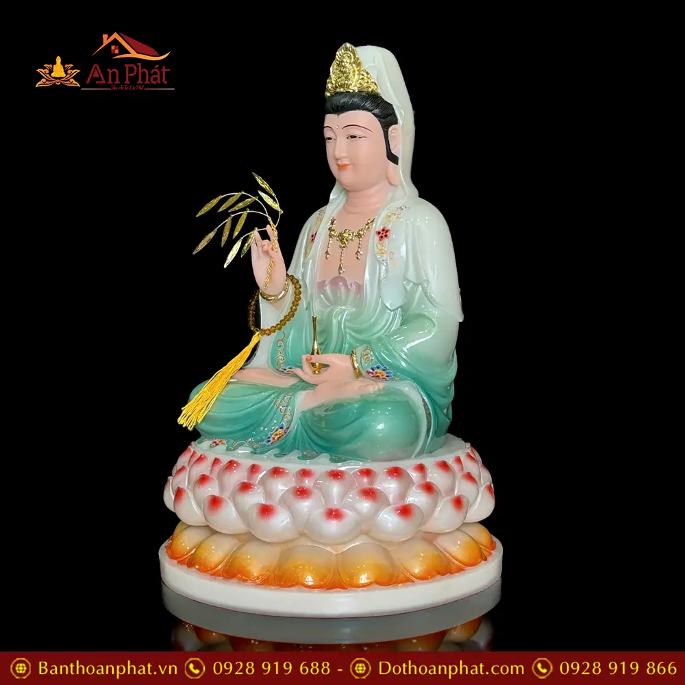 Tượng Quan Âm Bồ Tát Bột Đá Sơn Màu Xanh Dáng Ngồi Đài Sen 3 Tầng T2603 20 Tượng Quan Âm Bồ Tát Bột Đá Sơn Màu Xanh Dáng Ngồi Đài Sen 3 Tầng T2603