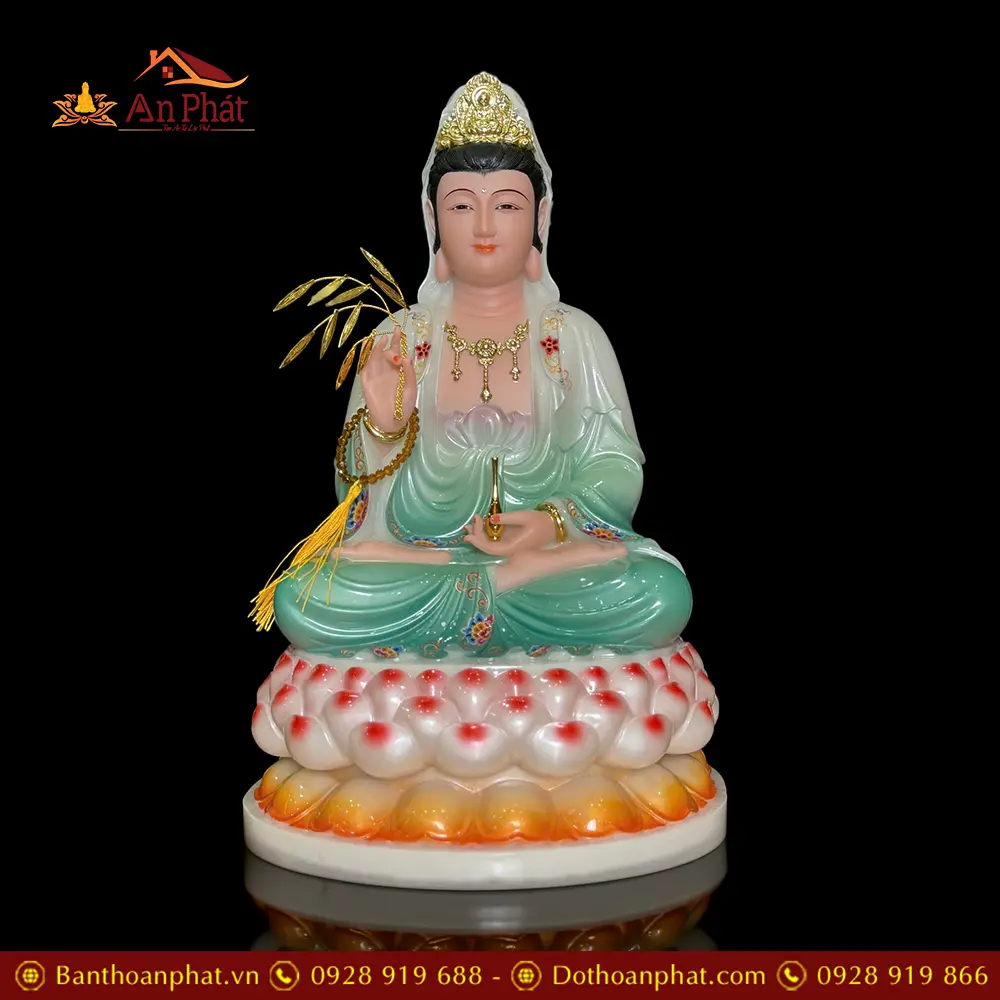 Tượng Quan Âm Bồ Tát Bột Đá Sơn Màu Xanh Dáng Ngồi Đài Sen 3 Tầng T2603 19 Tượng Quan Âm Bồ Tát Bột Đá Sơn Màu Xanh Dáng Ngồi Đài Sen 3 Tầng T2603