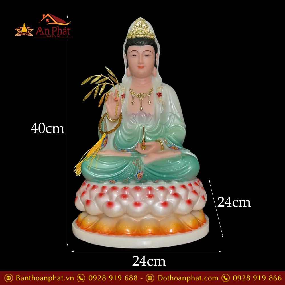 Tượng Quan Âm Bồ Tát Bột Đá Sơn Màu Xanh Dáng Ngồi Đài Sen 3 Tầng T2603 26 tuong quan am bo tat bot da son mau xanh dang ngoi dai sen 3 tang t260300010