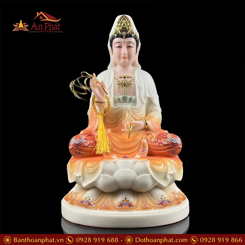 Tượng Quan Âm Bồ Tát Ngồi Đế Sen Bột Đá Sơn Màu Cao Cấp T2581 9 Tượng Quan Âm Bồ Tát Ngồi Đế Sen Bột Đá Sơn Màu Cao Cấp T2581