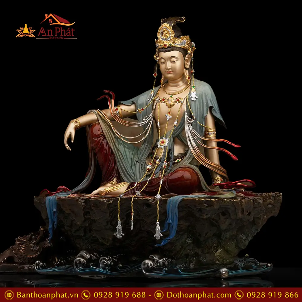 Tượng Quan Âm Ngồi Tự Tại Đồng Màu Cổ Kim Cao Cấp T2728