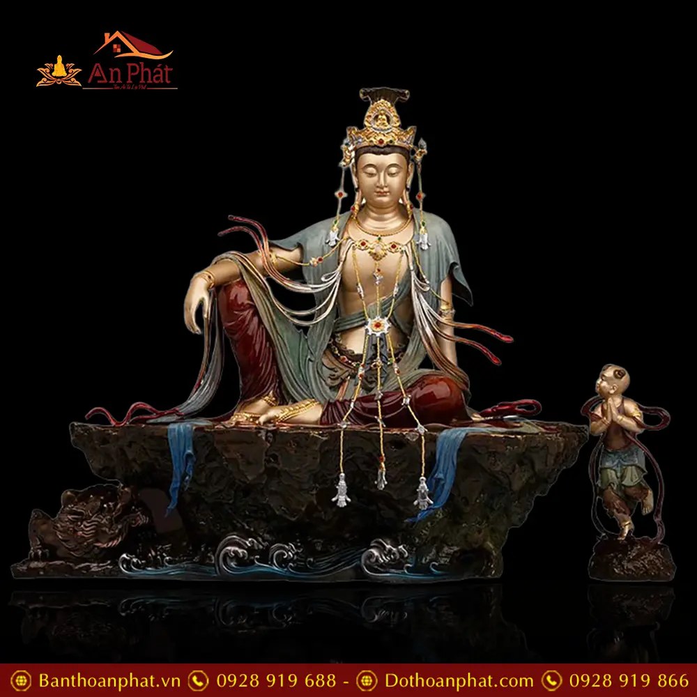 Tượng Quan Âm Ngồi Tự Tại Đồng Màu Cổ Kim Cao Cấp T2728