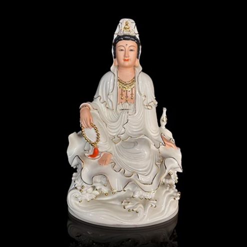 Tượng Quan Âm Tự Tại Sứ Trắng Viền Vàng Dáng Ngồi T2723
