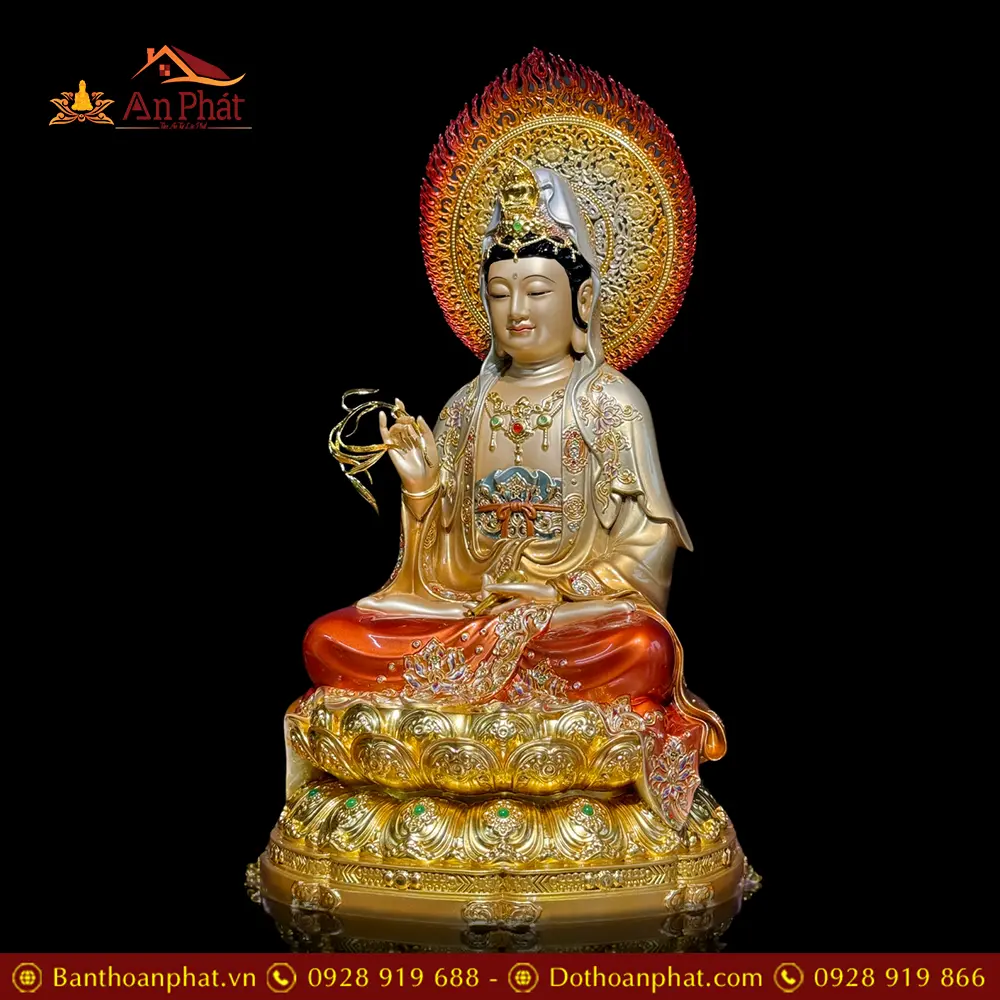 Tượng Quan Thế Âm Bồ Tát Bằng Đồng Men Cổ Dát Vàng Ngồi Đài Sen Cao Cấp T2543 14 Tượng Quan Thế Âm Bồ Tát Bằng Đồng Men Cổ Dát Vàng Ngồi Đài Sen Cao Cấp T2543