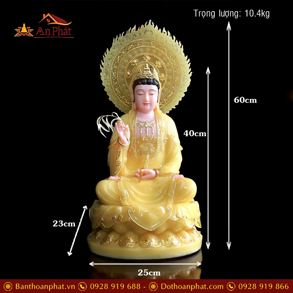 Tượng Quan Thế Âm Bồ Tát Bột Đá Thạch Anh Ngồi Đài Sen Có Lá Đề Viền Vàng T2562 20 tuong quan the am bo tat bot da thach anh ngoi dai sen co la de vien vang t256200002
