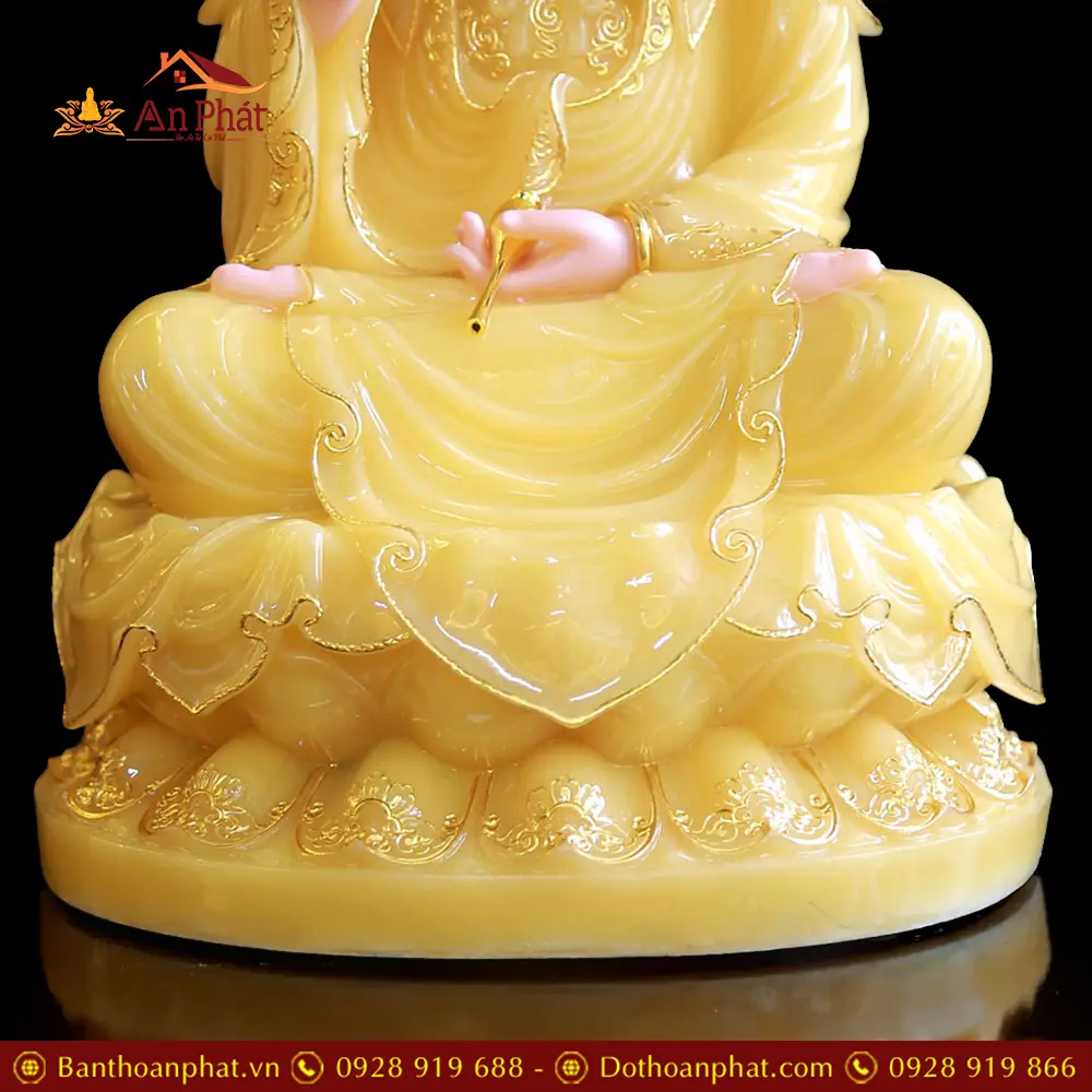 Tượng Quan Thế Âm Bồ Tát Bột Đá Thạch Anh Ngồi Đài Sen Có Lá Đề Viền Vàng T2562 19 tuong quan the am bo tat bot da thach anh ngoi dai sen co la de vien vang t256200003