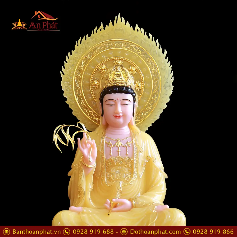 Tượng Quan Thế Âm Bồ Tát Bột Đá Thạch Anh Ngồi Đài Sen Có Lá Đề Viền Vàng T2562 18 tuong quan the am bo tat bot da thach anh ngoi dai sen co la de vien vang t256200004
