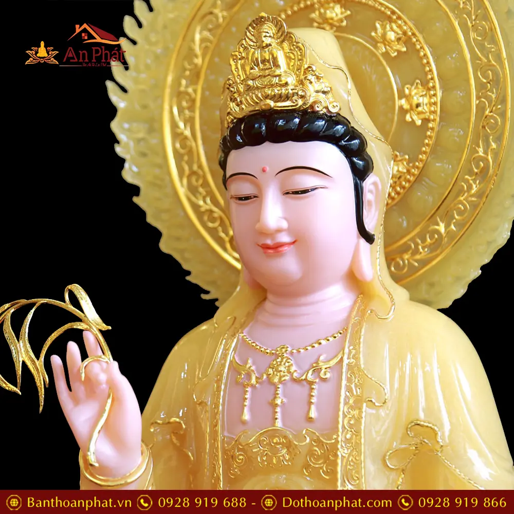 Tượng Quan Thế Âm Bồ Tát Bột Đá Thạch Anh Ngồi Đài Sen Có Lá Đề Viền Vàng T2562 17 tuong quan the am bo tat bot da thach anh ngoi dai sen co la de vien vang t256200005