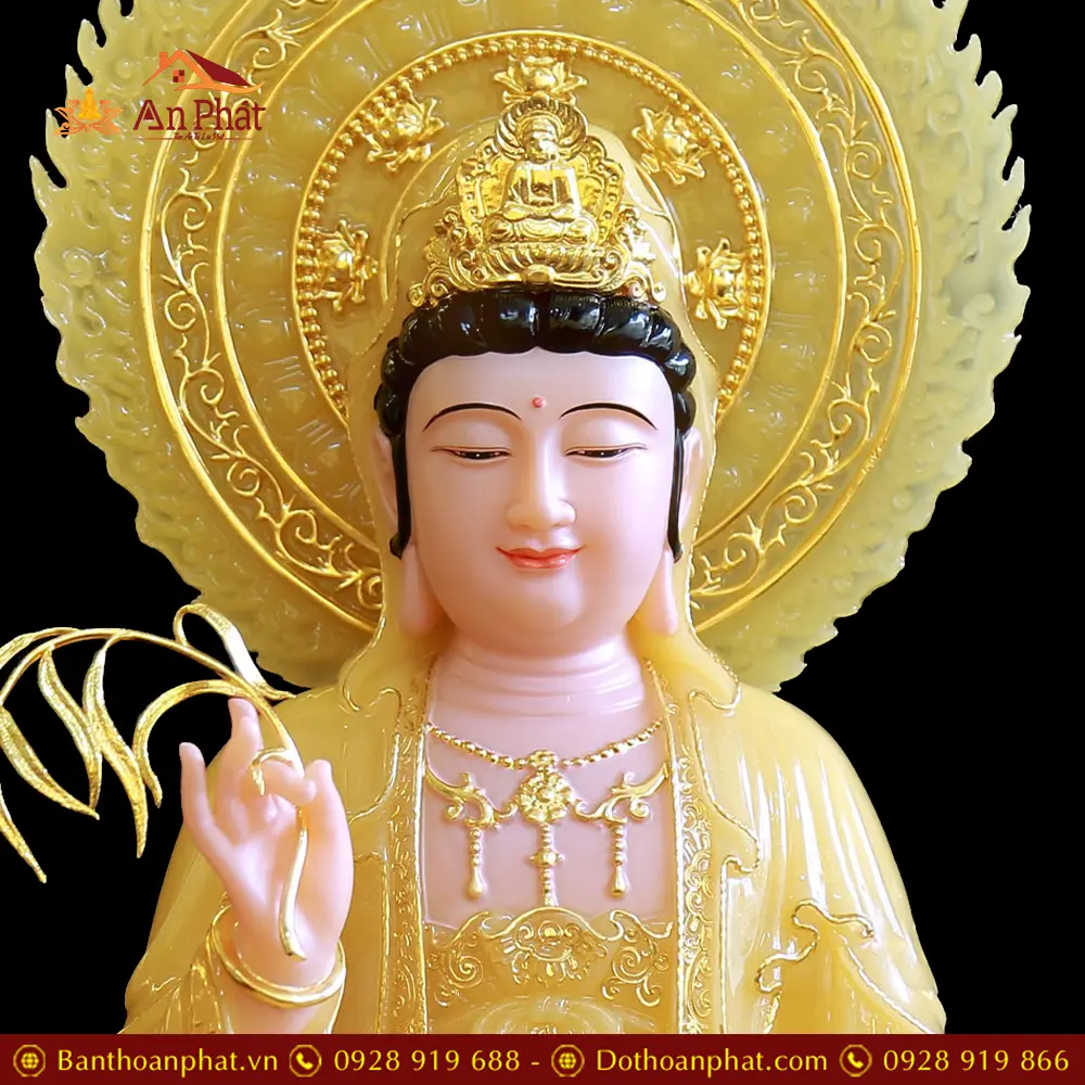 Tượng Quan Thế Âm Bồ Tát Bột Đá Thạch Anh Ngồi Đài Sen Có Lá Đề Viền Vàng T2562 16 Tượng Quan Thế Âm Bồ Tát Bột Đá Thạch Anh Ngồi Đài Sen Có Lá Đề Viền Vàng T2562