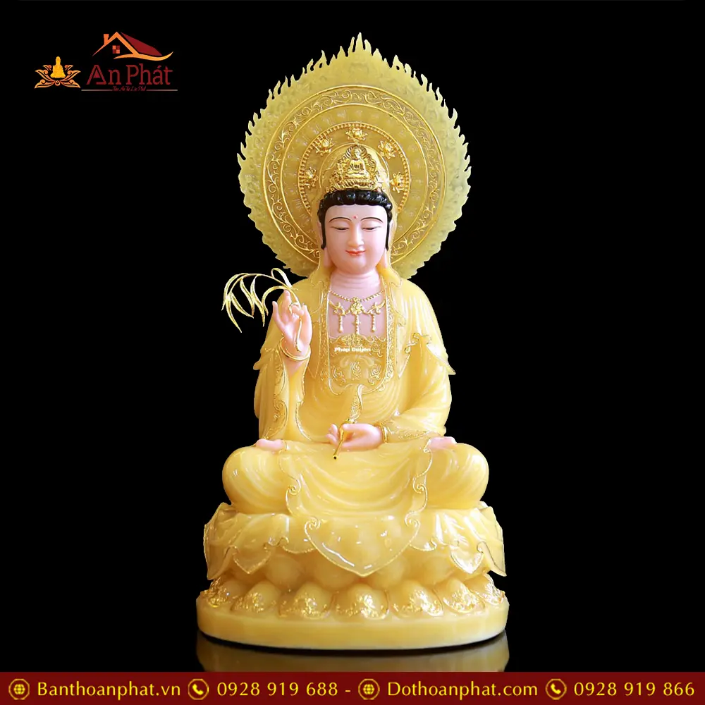 Tượng Quan Thế Âm Bồ Tát Bột Đá Thạch Anh Ngồi Đài Sen Có Lá Đề Viền Vàng T2562 15 Tượng Quan Thế Âm Bồ Tát Bột Đá Thạch Anh Ngồi Đài Sen Có Lá Đề Viền Vàng T2562