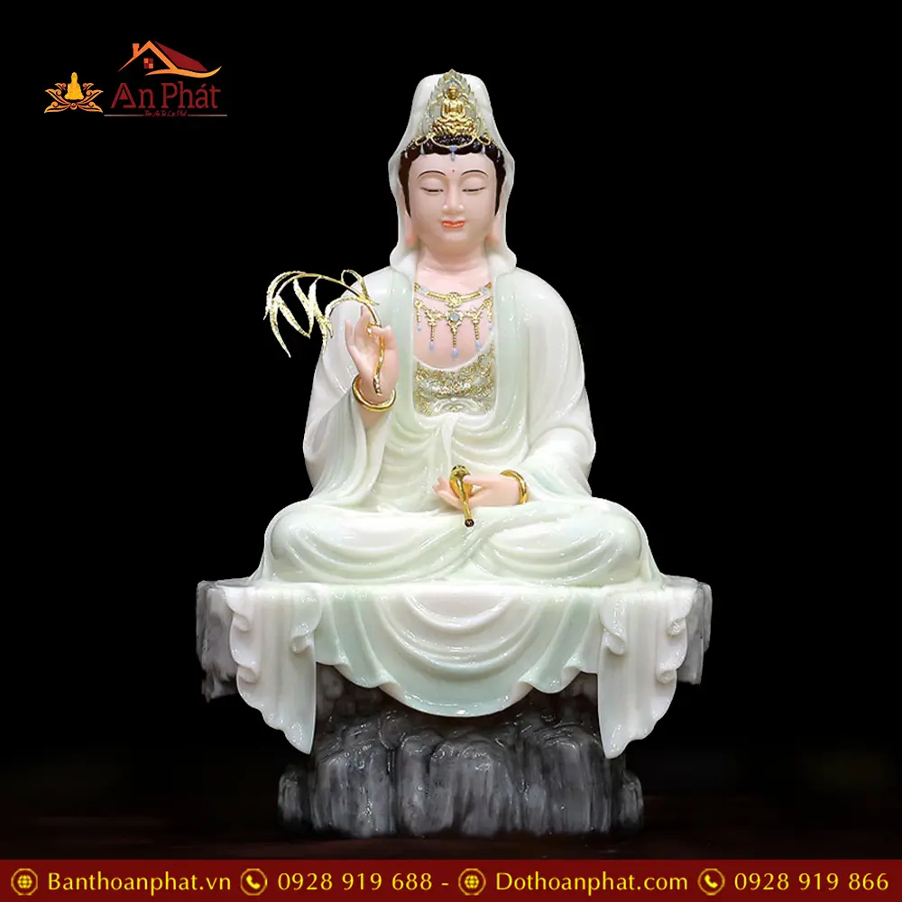 Tượng Quan Thế Âm Bồ Tát Bột Đá Xanh Thiên Thanh Ngồi Tự Tại T2570 17 Tượng Quan Thế Âm Bồ Tát Bột Đá Xanh Thiên Thanh Ngồi Tự Tại T2570