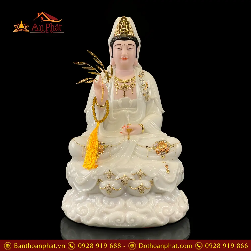 Tượng Quan Thế Âm Bồ Tát Đá Trắng Viền Vàng Ngồi Đế Mây Bằng Bột Đá Cao Cấp T2597 9 Tượng Quan Thế Âm Bồ Tát Đá Trắng Viền Vàng Ngồi Đế Mây Bằng Bột Đá Cao Cấp T2597