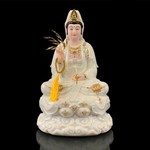 Tượng Quan Thế Âm Bồ Tát Đá Trắng Viền Vàng Ngồi Đế Mây Bằng Bột Đá Cao Cấp T2597