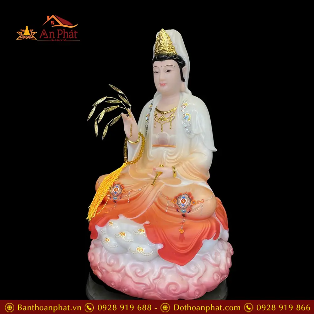 Tượng Quan Thế Âm Bồ Tát Ngồi Đế Mây Bằng Bột Đá Cao Cấp Sơn Màu Đỏ T2596 14 Tượng Quan Thế Âm Bồ Tát Ngồi Đế Mây Bằng Bột Đá Cao Cấp Sơn Màu Đỏ T2596