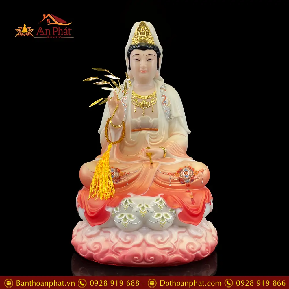 Tượng Quan Thế Âm Bồ Tát Ngồi Đế Mây Bằng Bột Đá Cao Cấp Sơn Màu Đỏ T2596 13 Tượng Quan Thế Âm Bồ Tát Ngồi Đế Mây Bằng Bột Đá Cao Cấp Sơn Màu Đỏ T2596