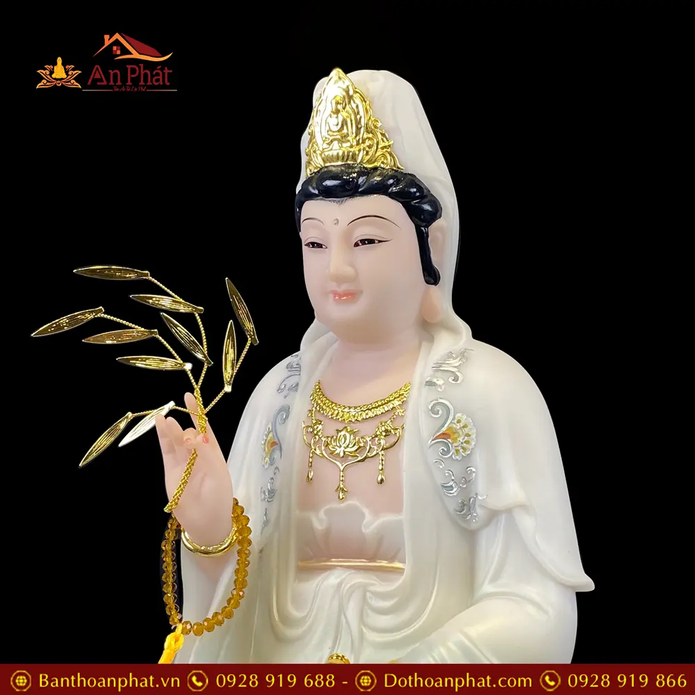 Tượng Quan Thế Âm Bồ Tát Ngồi Đế Mây Bằng Bột Đá Sơn Màu Xanh Cao Cấp T2595 16 tuong quan the am bo tat ngoi de may bang bot da son mau xanh cao cap t259500001