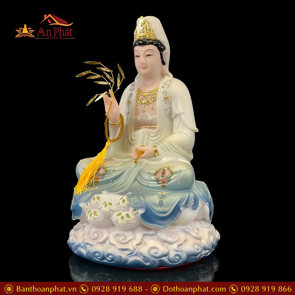 Tượng Quan Thế Âm Bồ Tát Ngồi Đế Mây Bằng Bột Đá Sơn Màu Xanh Cao Cấp T2595 14 Tượng Quan Thế Âm Bồ Tát Ngồi Đế Mây Bằng Bột Đá Sơn Màu Xanh Cao Cấp T2595