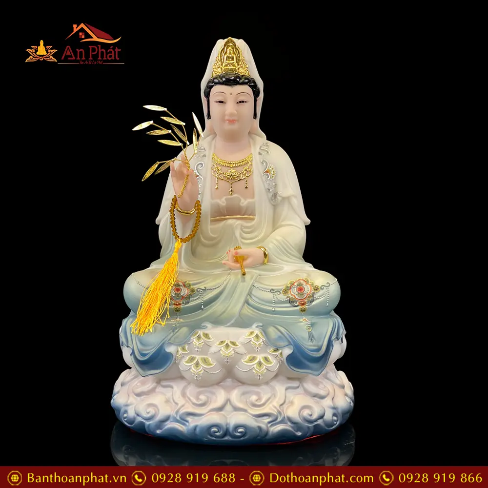 Tượng Quan Thế Âm Bồ Tát Ngồi Đế Mây Bằng Bột Đá Sơn Màu Xanh Cao Cấp T2595 13 Tượng Quan Thế Âm Bồ Tát Ngồi Đế Mây Bằng Bột Đá Sơn Màu Xanh Cao Cấp T2595