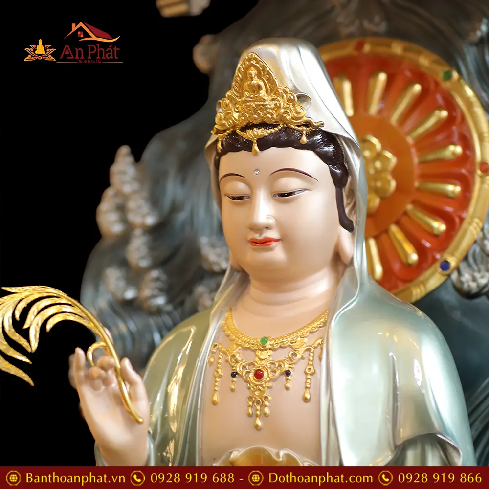 Tượng Quan Thế Âm Bồ Tát Ngồi Đế Sen Non Nước Bằng Đồng Vẽ Sơn Cao Cấp Có Lọng Che T2564 15 tuong quan the am bo tat ngoi de sen non nuoc bang dong ve son cao cap co long che t256400002