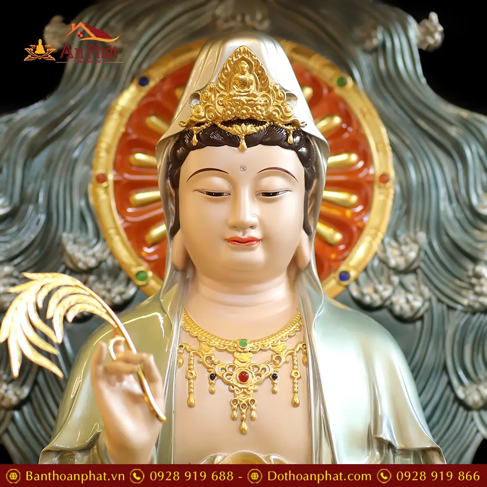 Tượng Quan Thế Âm Bồ Tát Ngồi Đế Sen Non Nước Bằng Đồng Vẽ Sơn Cao Cấp Có Lọng Che T2564 14 Tượng Quan Thế Âm Bồ Tát Ngồi Đế Sen Non Nước Bằng Đồng Vẽ Sơn Cao Cấp Có Lọng Che T2564