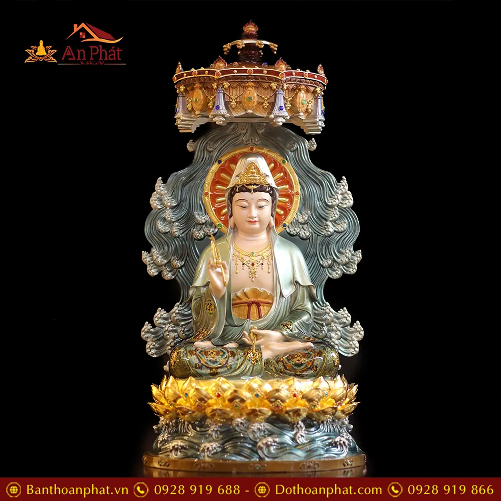 Tượng Quan Thế Âm Bồ Tát Ngồi Đế Sen Non Nước Bằng Đồng Vẽ Sơn Cao Cấp Có Lọng Che T2564 13 Tượng Quan Thế Âm Bồ Tát Ngồi Đế Sen Non Nước Bằng Đồng Vẽ Sơn Cao Cấp Có Lọng Che T2564