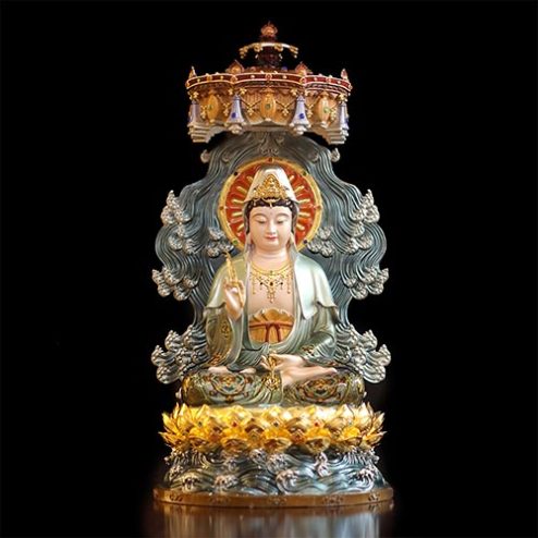 Tượng Quan Thế Âm Bồ Tát Ngồi Đế Sen Non Nước Bằng Đồng Vẽ Sơn Cao Cấp Có Lọng Che T2564