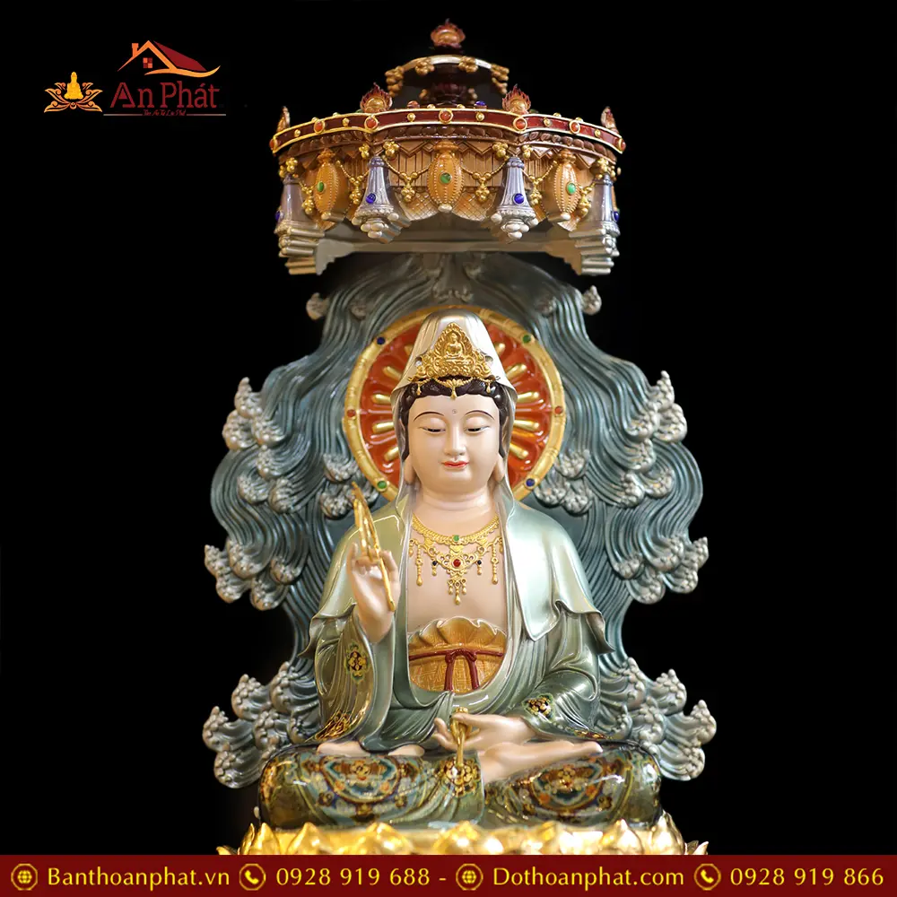 Tượng Quan Thế Âm Bồ Tát Ngồi Đế Sen Non Nước Bằng Đồng Vẽ Sơn Cao Cấp Có Lọng Che T2564 16 tuong quan the am bo tat ngoi de sen non nuoc bang dong ve son cao cap co long che t256400007