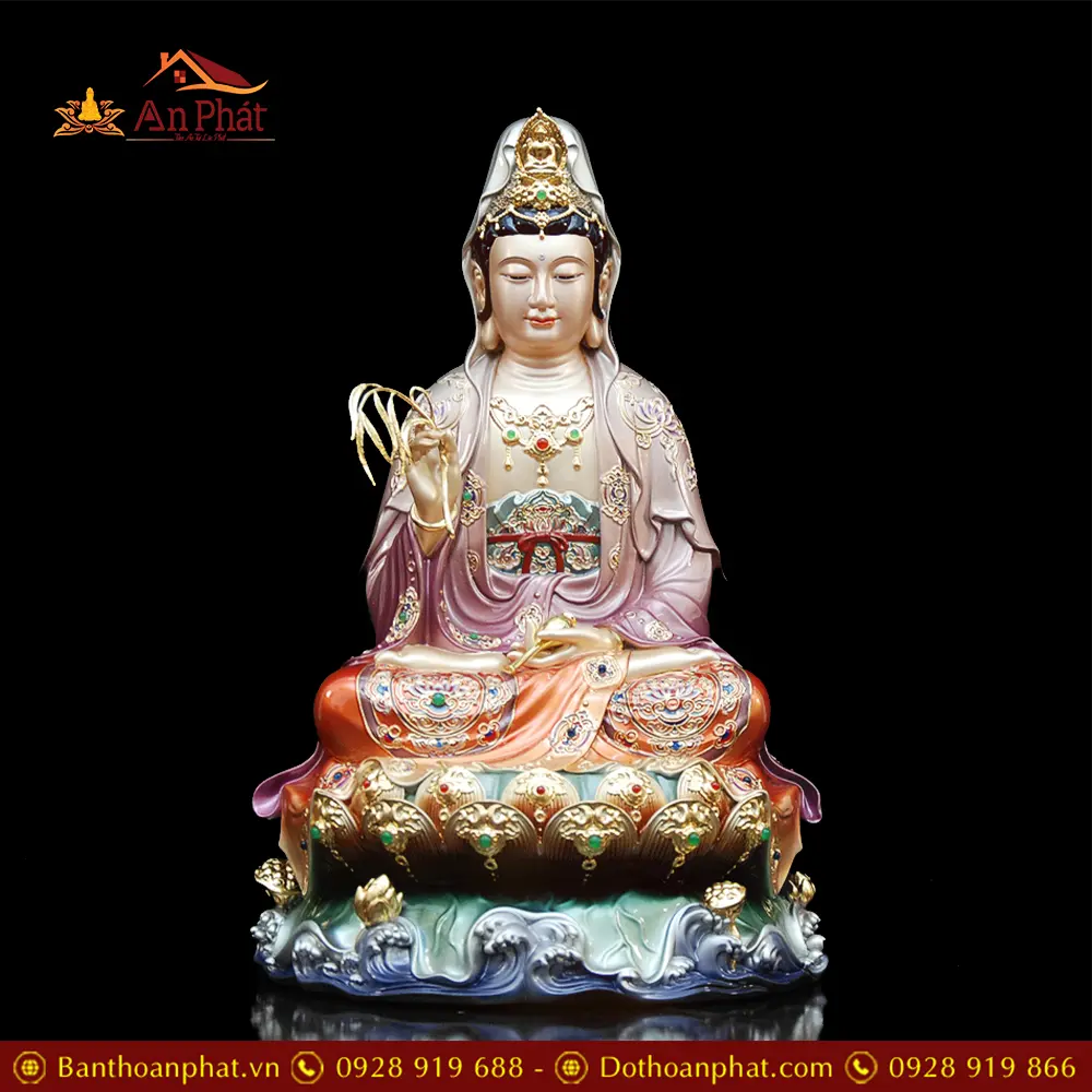 Tượng Quan Thế Âm Bồ Tát Ngồi Non Nước Đồng Sơn Màu Cao Cấp T2566 19 Tượng Quan Thế Âm Bồ Tát Ngồi Non Nước Đồng Sơn Màu Cao Cấp T2566