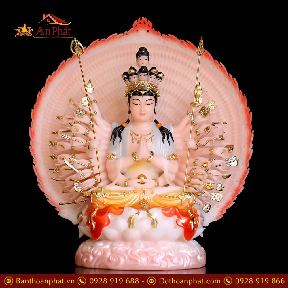 Tượng Thiên Thủ Thiên Nhãn Bột Đá Sơn Phú Quý Cao Cấp Dáng Ngồi Đế Mây T2671 