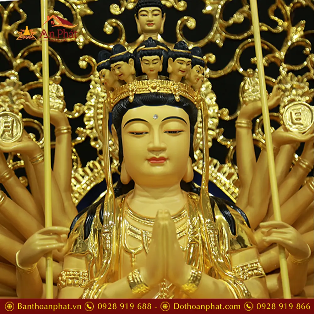 Tượng Thiên Thủ Thiên Nhãn Đồng Cao Cấp Nhập Khẩu Dáng Ngồi Có Lá Đề T2675