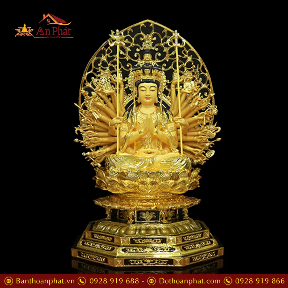 Tượng Thiên Thủ Thiên Nhãn Đồng Cao Cấp Nhập Khẩu Dáng Ngồi Có Lá Đề T2675