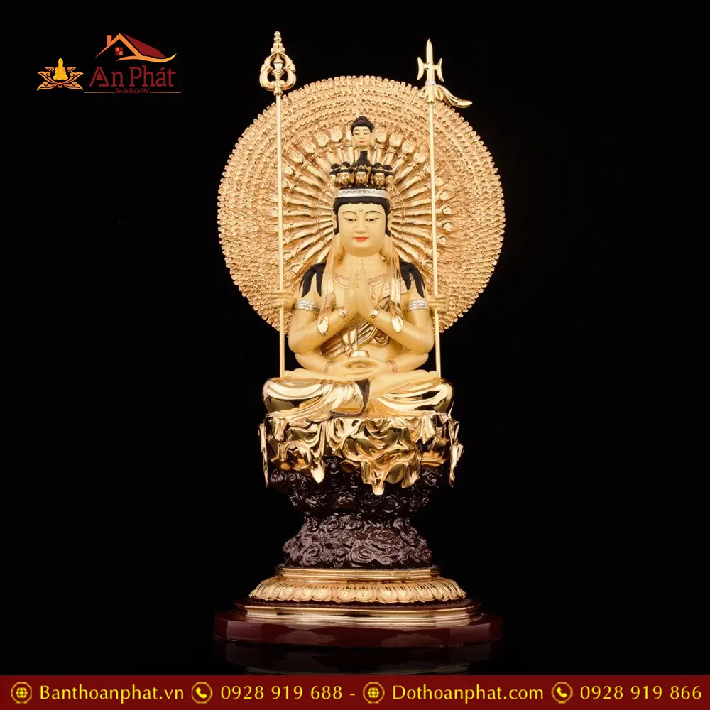 Tượng Thiên Thủ Thiên Nhãn Đồng Dát Vàng Ngồi Đế Mây Tròn T2683 15 Tượng Thiên Thủ Thiên Nhãn Đồng Dát Vàng Ngồi Đế Mây Tròn T2683