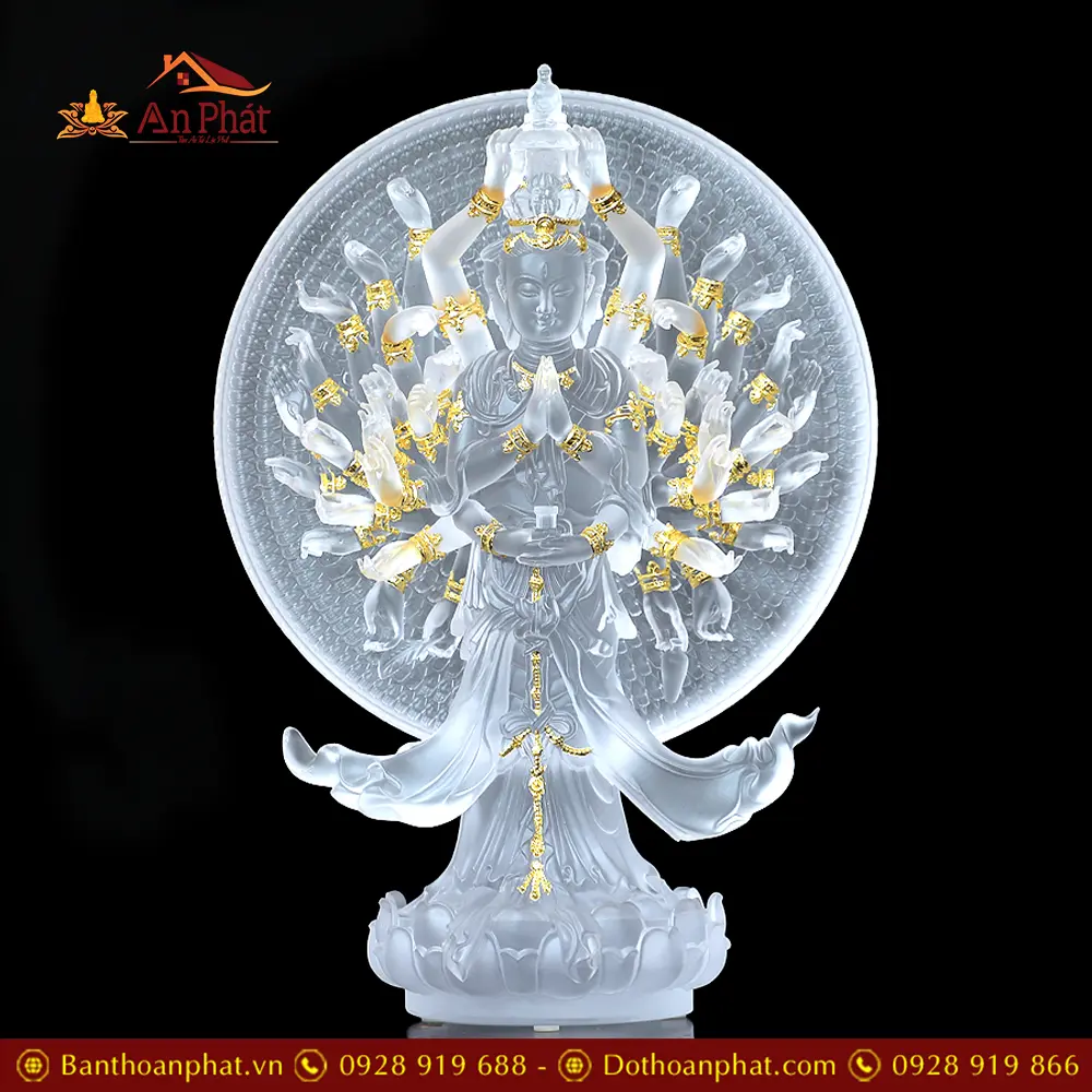 Tượng Thiên Thủ Thiên Nhãn Lưu Ly Trắng Cao Cấp Dát Vàng Nhập Khẩu T2679