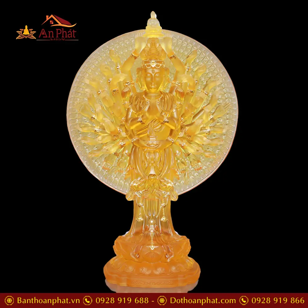 Tượng Thiên Thủ Thiên Nhãn Lưu Ly Vàng Dát Vàng Cao Cấp Mẫu Đứng Nhập Khẩu T2669