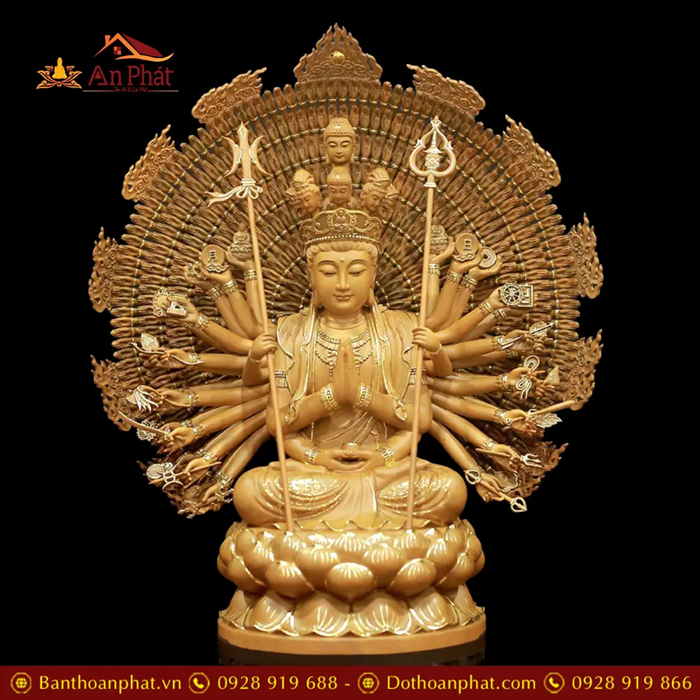 Tượng Thiên Thủ Thiên Nhãn Nghìn Mắt Nghìn Tay Ngồi Đài Sen Gỗ Long Não Nhập Khẩu T2680