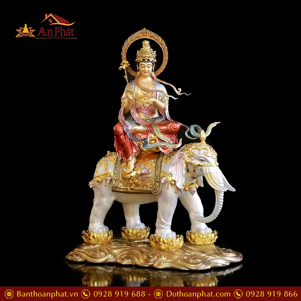 Tượng Văn Thù Phổ Hiền Bồ Tát Dáng Ngồi Bằng Đồng Sơn Men Cổ Cao Cấp T2830