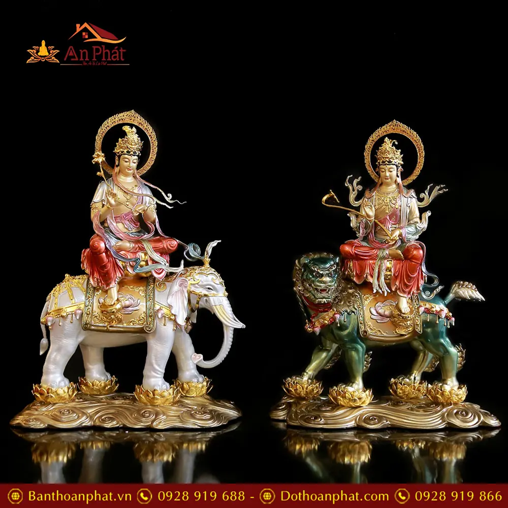 Tượng Văn Thù Phổ Hiền Bồ Tát Dáng Ngồi Bằng Đồng Sơn Men Cổ Cao Cấp T2830