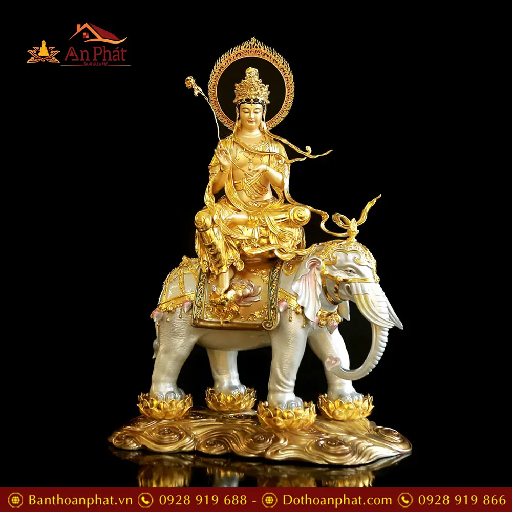 Tượng Văn Thù Phổ Hiền Bồ Tát Đồng Dát Vàng Cao Cấp Ngồi Linh Thú T2731